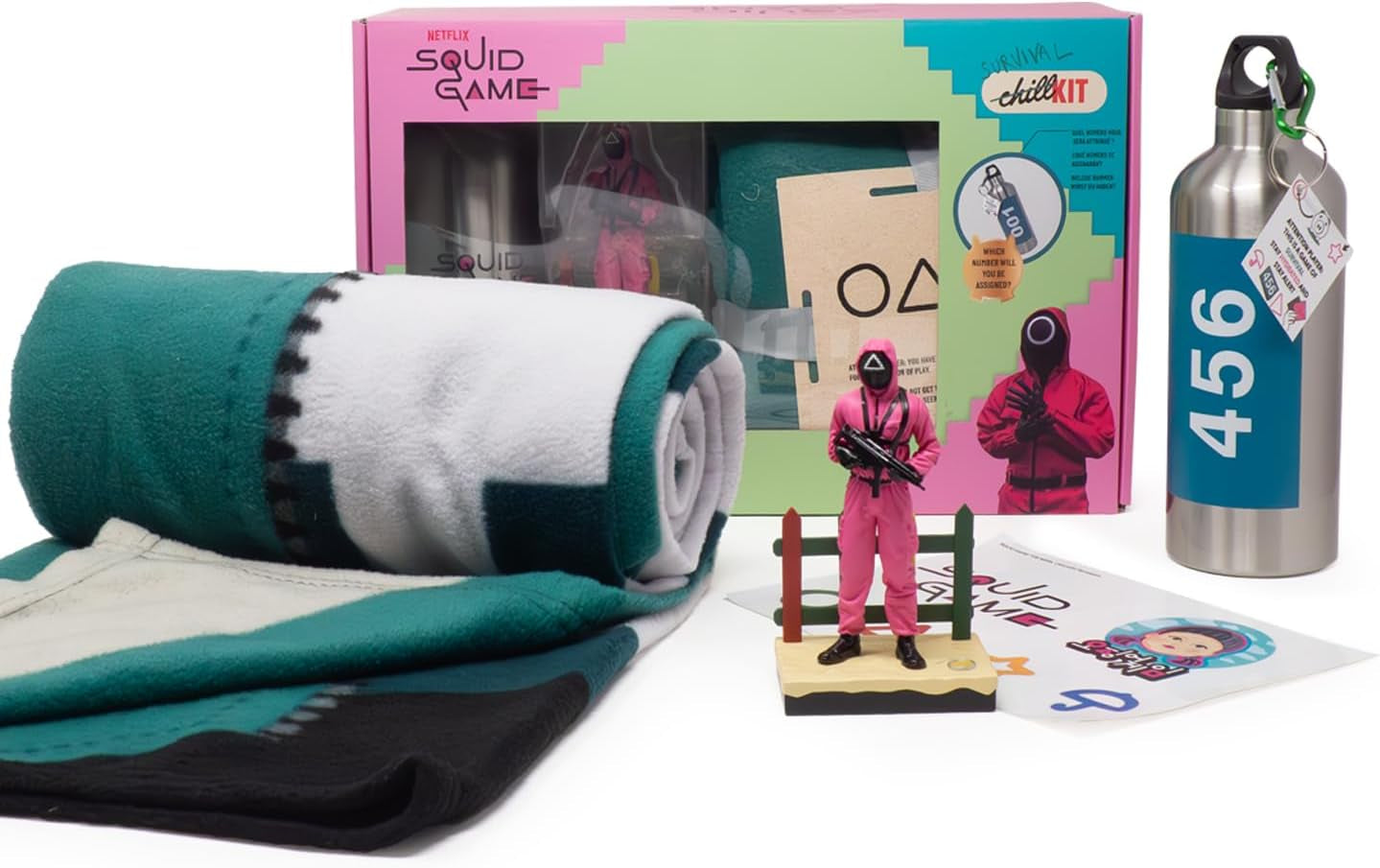 Netflix Chill Kit – Squid Game, hivatalos engedély, gyapjú takaró, gyűjtői cikk, termosz, matrica, karácsonyi ajándékötlet, születésnapi ajándék Ágyak és takarók Besuche den Neamedia Icons-Store Alapértelmezett cím