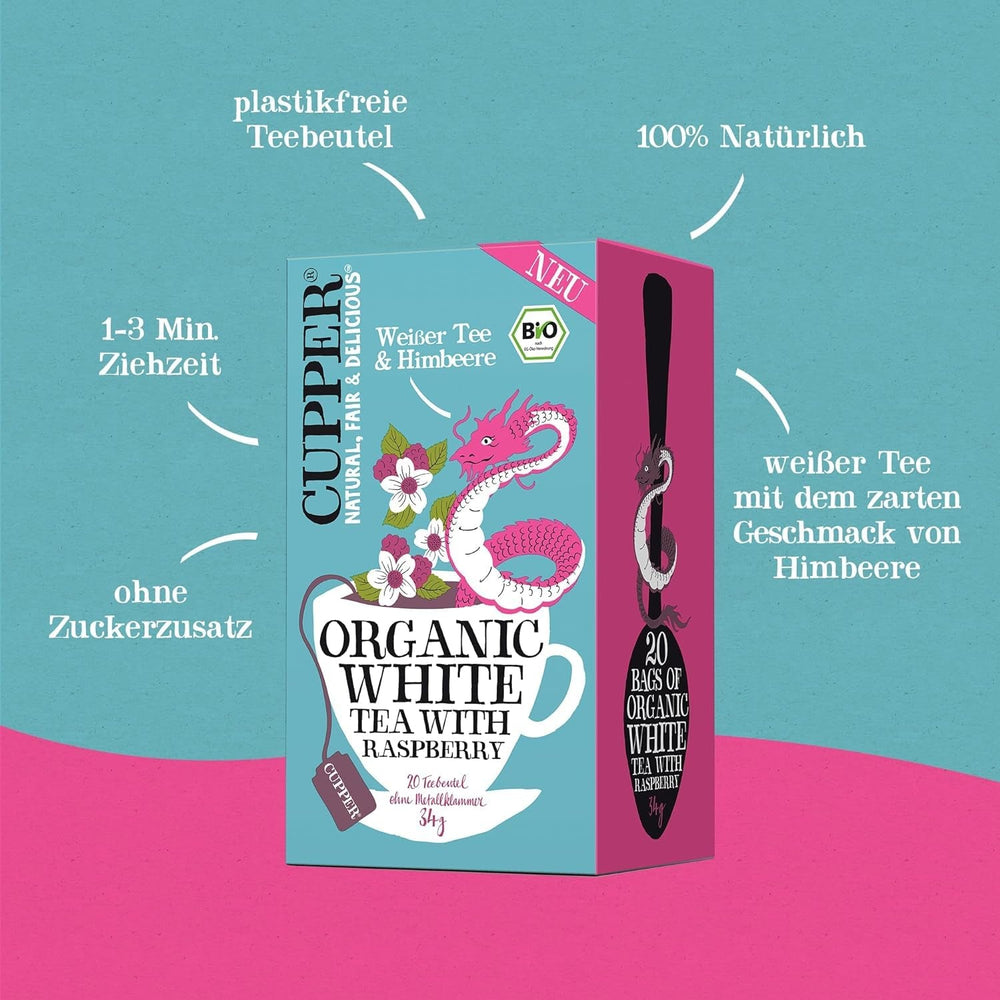 Cupper Ceai alb organic, zmeură, 20 pliculețe, 34 g (pachet cu 4)