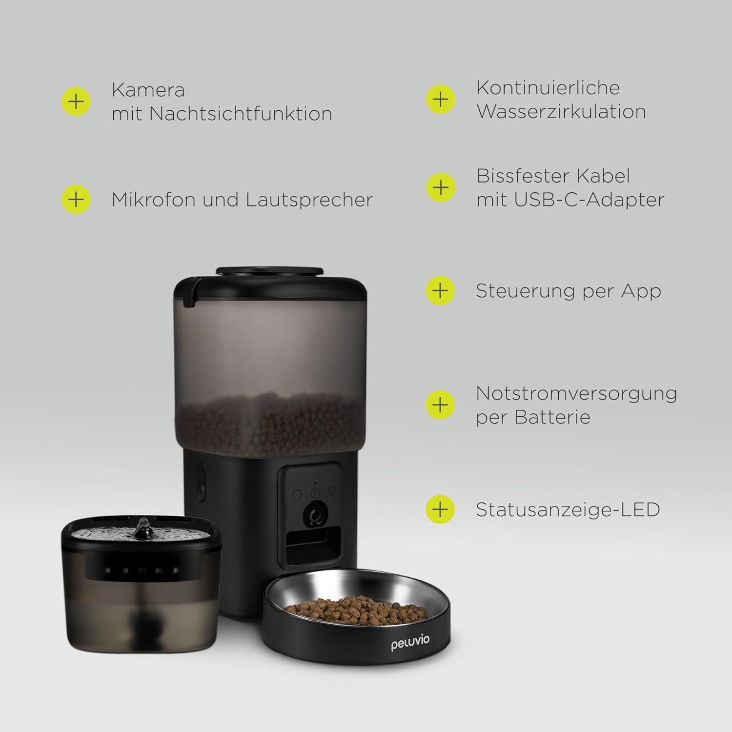 Feast Automatische Futterautomat Katze mit App und Kamera, Live-Video mit Nachtsicht und Zwei-Wege-Audio, Portionskontrolle, Edelstahl-Napf, Katzen Trinkbrunnen mit Filter, 4,5 l és 2,5 l