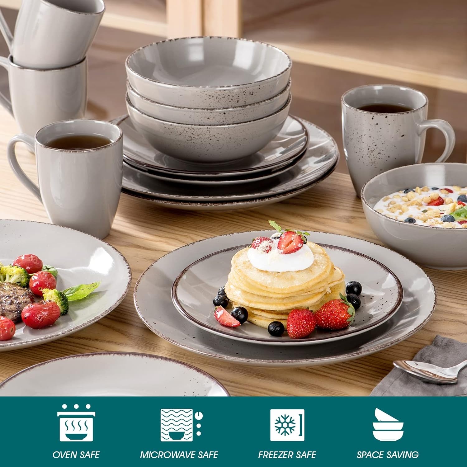 Set de veselă Vancasso pentru 12 persoane, set de veselă din gresie Navia, set combinat de 48 de piese cu farfurii, farfurii pentru salată, boluri și cești, aspect vintage, design natural