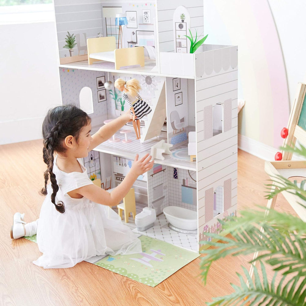 Teamson Kids Casa de păpuși gigantică Olivia's Little World cu 16 accesorii pentru păpuși, casă de păpuși din lemn cu mobilier, cu 3 etaje, casă de păpuși pentru copii de 30 cm, vârste 3+