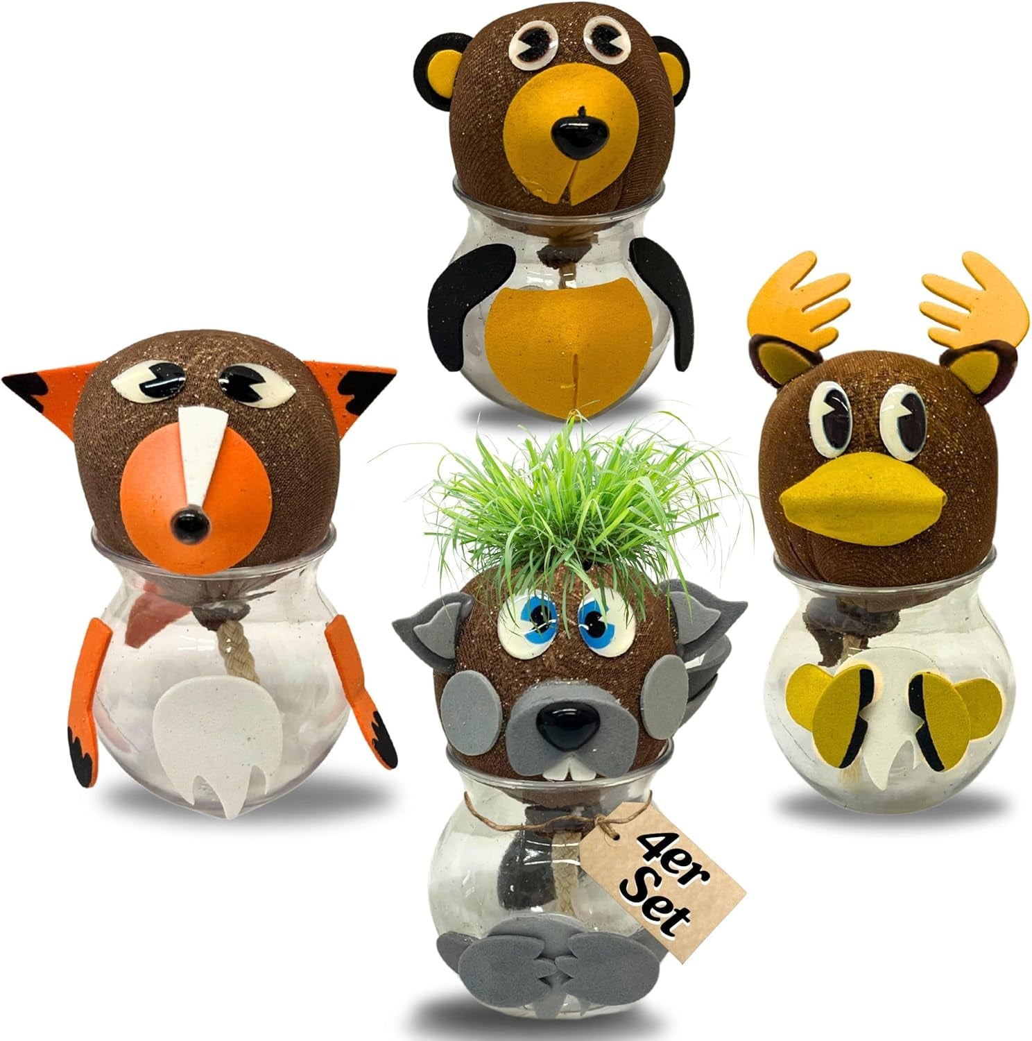 Bada Bing Graskopf 4er készlet incl. Wasserbehälter Waldtiere DIY Tiere – Rasenkopf Tierkopf mit Rasensamen – Experiment für Kinder – Spaß mit Lerneffekt – Geschenk Mitbringsel Kindergeburtstag Mitgebsel