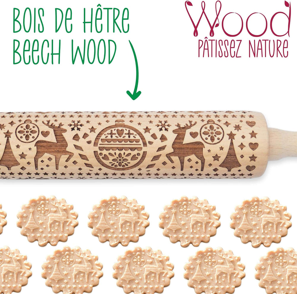 Scrap Cooking Teigrolle aus Holz "Xmas" mit weihnachtlichen Motiven – Prägerolle mit gepfragten Verzierungen für Kekse – dekoratív Zubehör – 5242