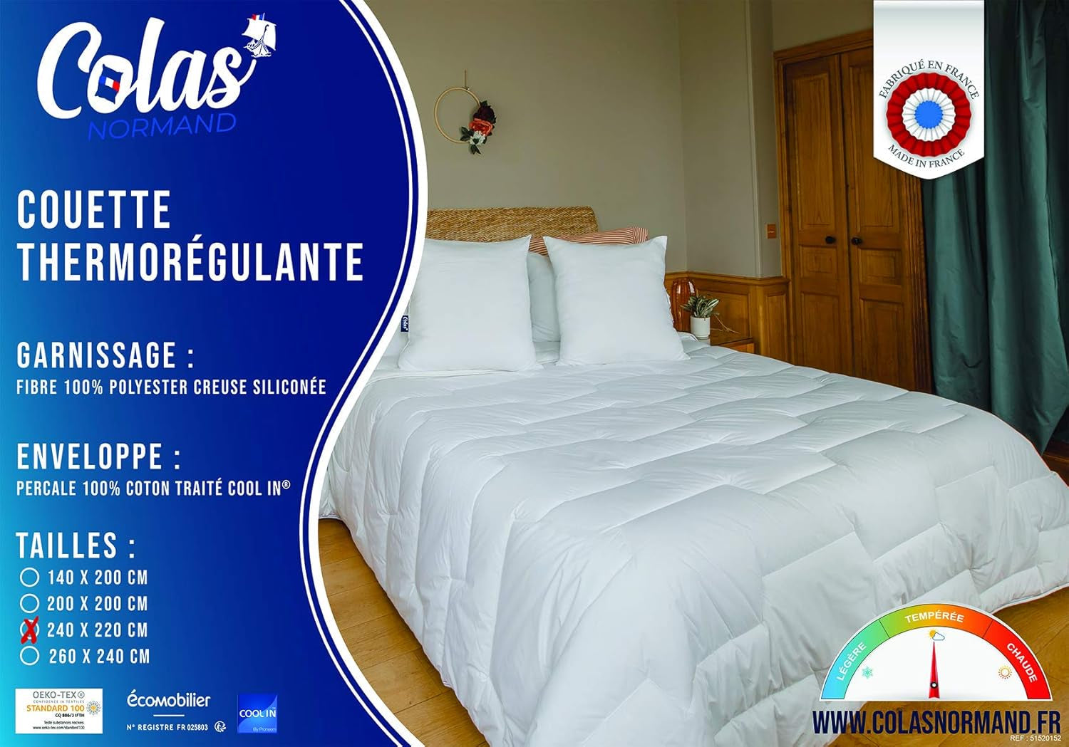 Hőszabályozó paplan, Mérsékelt, 240 X 220 cm, Izzadás, Optimális szellőzés, 100% pamut, Percale, Fresh Feel, Francia paplanok és paplanok Naty Shop