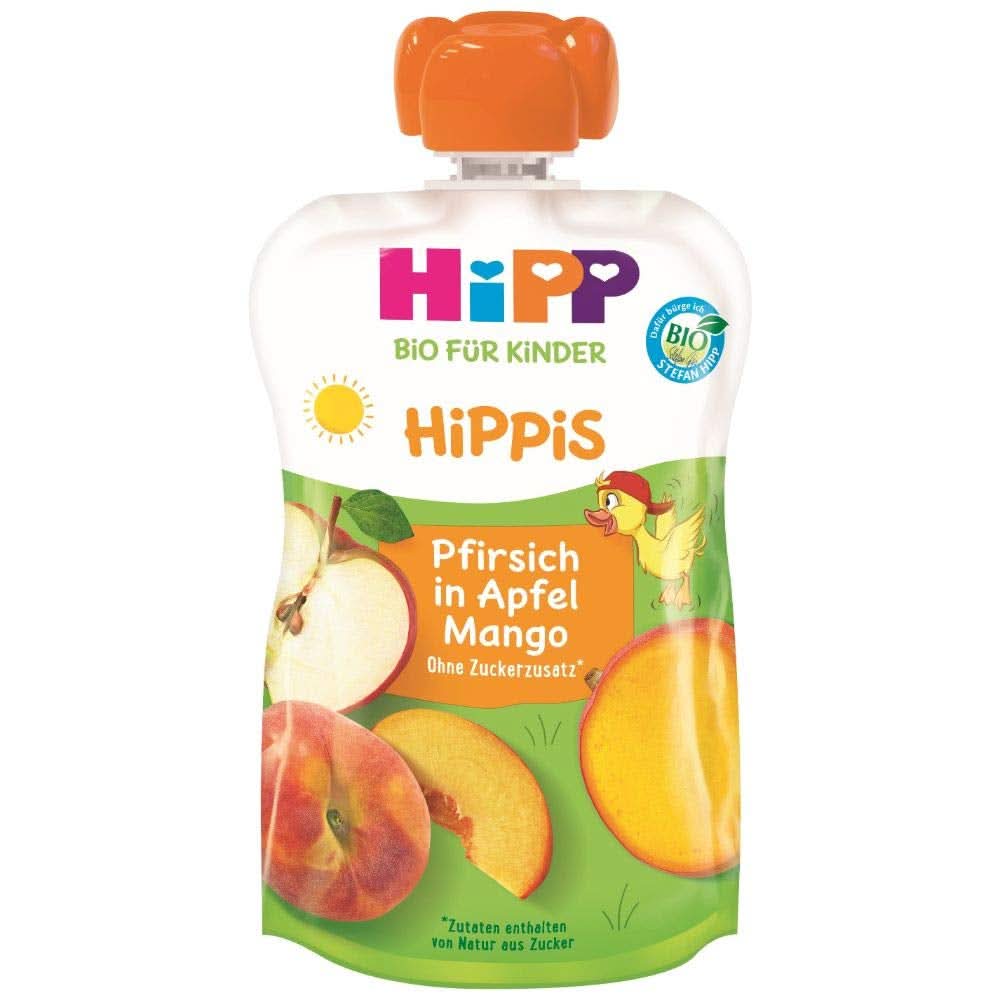 Hipp Super-Hippis préselt zacskók, gránátalma acerola almás-málnában, 100% bio gyümölcs hozzáadott cukor nélkül, 6 zacskó 100 g Mother and Child Naty Shop 6 x 100 gramm barack alma mangó