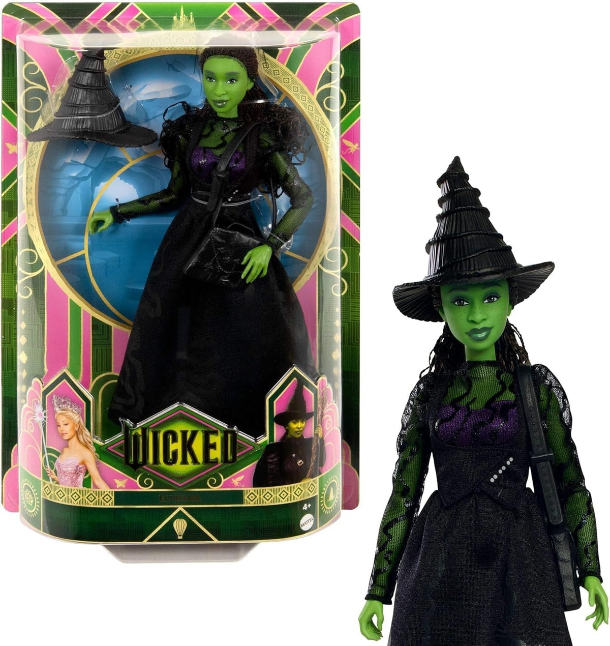 Mattel Wicked Elphaba divatbaba és kiegészítők zöld bőrrel, fekete fonott hajjal, különböző lehetséges pózokkal és meghosszabbítható báli ruhával, HXT62, [többszínű] Naty Shop Dolls, alapértelmezett cím