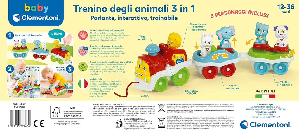 Clementoni Animali-3 Trenuleț electric, vorbitor, interactiv și extensibil, joc pentru copii de 1 an (versiunea italiană), fabricat în Italia, multicolor, 17740 Jucarii Bebe Naty Shop