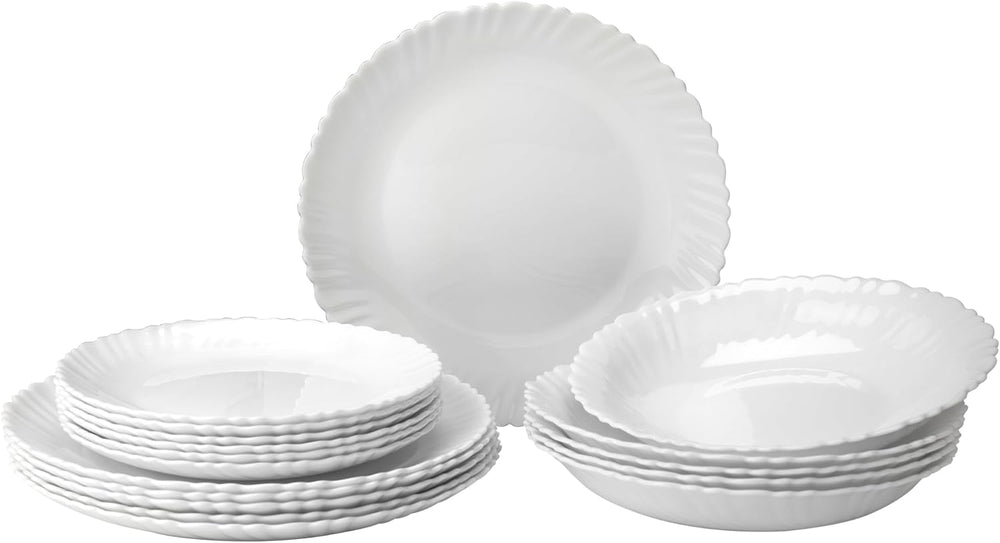 Set de veselă pentru 6 persoane - 18 piese - Set de farfurii din sticlă opal - Set de veselă albă - Set de bol și farfurie - Veselă modernă - Farfurii - Serviciu de masă - Set de veselă pentru 6 persoane