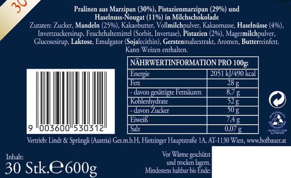Hofbauer Vienna Mozartkugeln Cutie de ciocolată cu lapte 600g (30 bucăți)