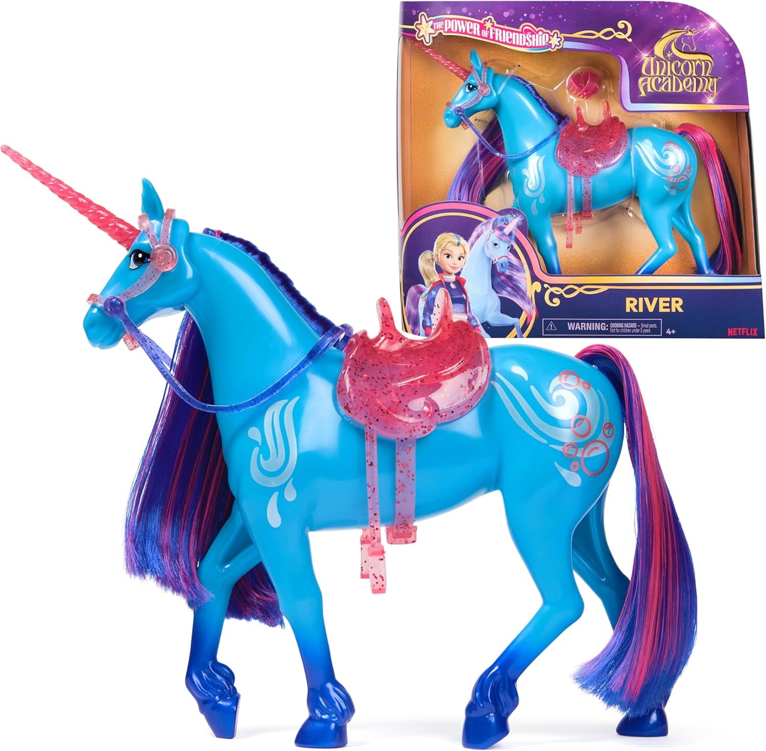 Unicorn Academy Einhorn River - 28 cm groß, Original-Einhorn von Isabel zur Netflix-Serie, mit echter Mähne und Schweif, abnehmbarem Zaumzeug und Sattel sowie Bürste, für Kinder ab 4 Jahren