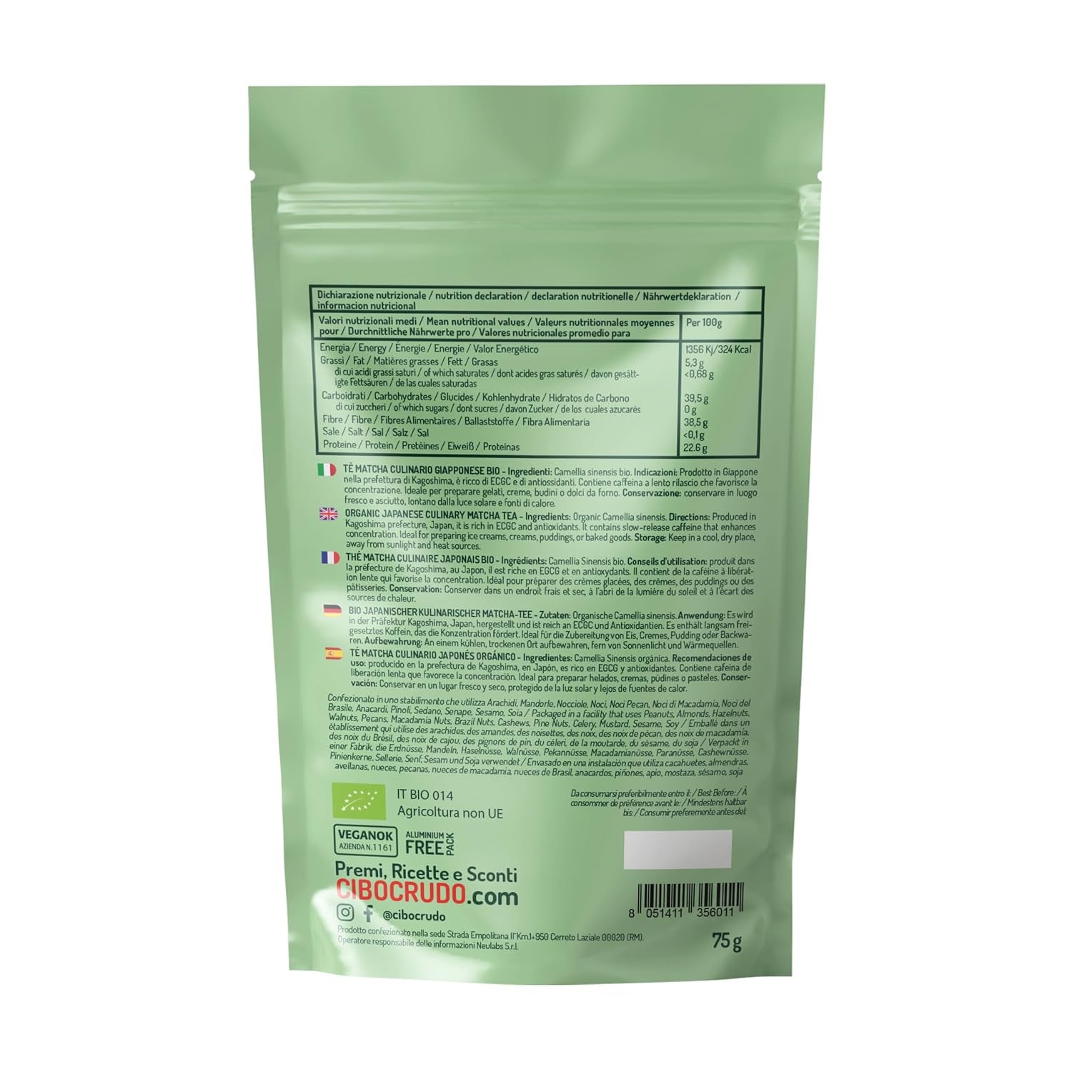 CIBO CRUDO Pudră Matcha Bio 75 g – Ceai verde Matcha japonez pentru prăjituri, înghețată sau deserturi
