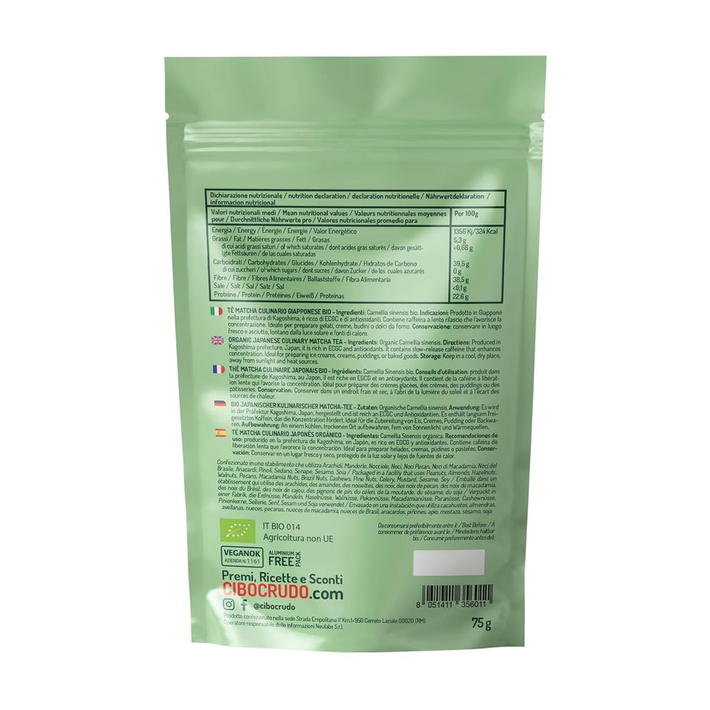 CIBO CRUDO Pudră Matcha Bio 75 g – Ceai verde Matcha japonez pentru prăjituri, înghețată sau deserturi