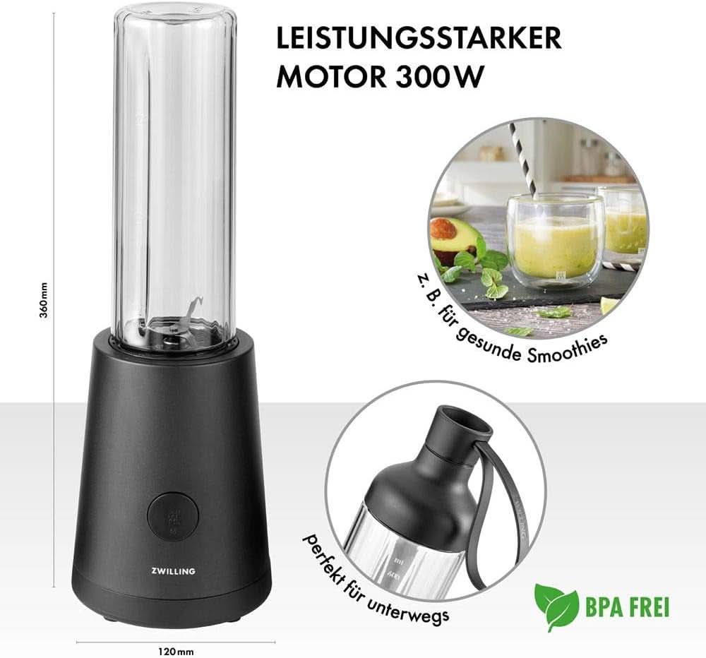 ZWILLING Standmixer, Smoothie Maker, Inkl. Trinkflasche Mit Verschluss, 600 Ml, 300 Watt, Edelstahl/Kunststoff, Schwarz Bucatarie Naty Shop