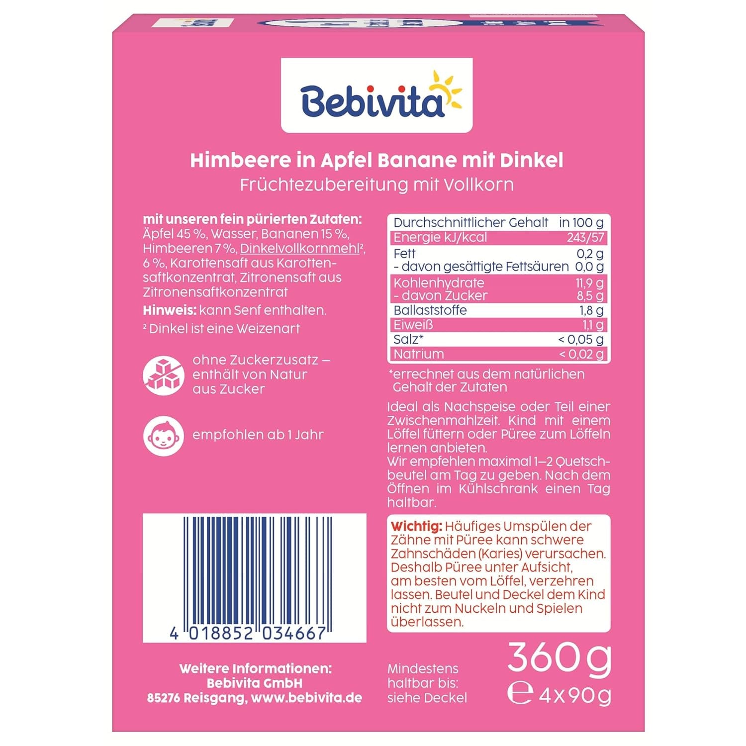 Gyümölcs, málna, alma, banán és tönköly préselhető tasakok - 16 darab (4, 4 x 90 g-os csomag), hozzáadott cukor nélkül, lágy gyümölcsből és egészséges gabonákból készült, ideális elvitelre és saját fogyasztásra