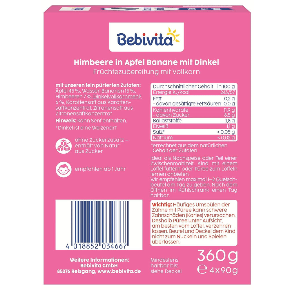 Gyümölcs, málna, alma, banán és tönköly préselhető tasakok - 16 darab (4, 4 x 90 g-os csomag), hozzáadott cukor nélkül, lágy gyümölcsből és egészséges gabonákból készült, ideális elvitelre és saját fogyasztásra