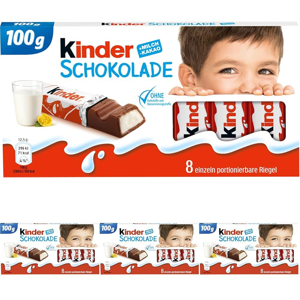 Kinder Chocolate – töltött tejcsokoládészeletek – 1 csomag 24 darab különálló szeletet (24 x 12,5 g) tartalmaz.