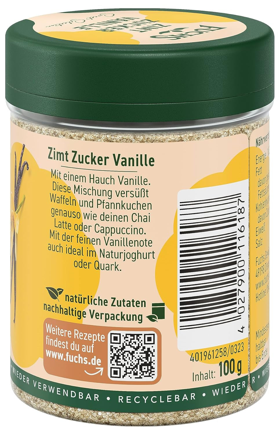 Fuchs Gewürze - Zimt Zucker Vanille - Gewürz zum Versüßen von Wafeln, Milchgetränken oder Joghurt - aus natürliche Hozzávaló - 100 g in wiederverwendbarer, recyclebarer Dózis