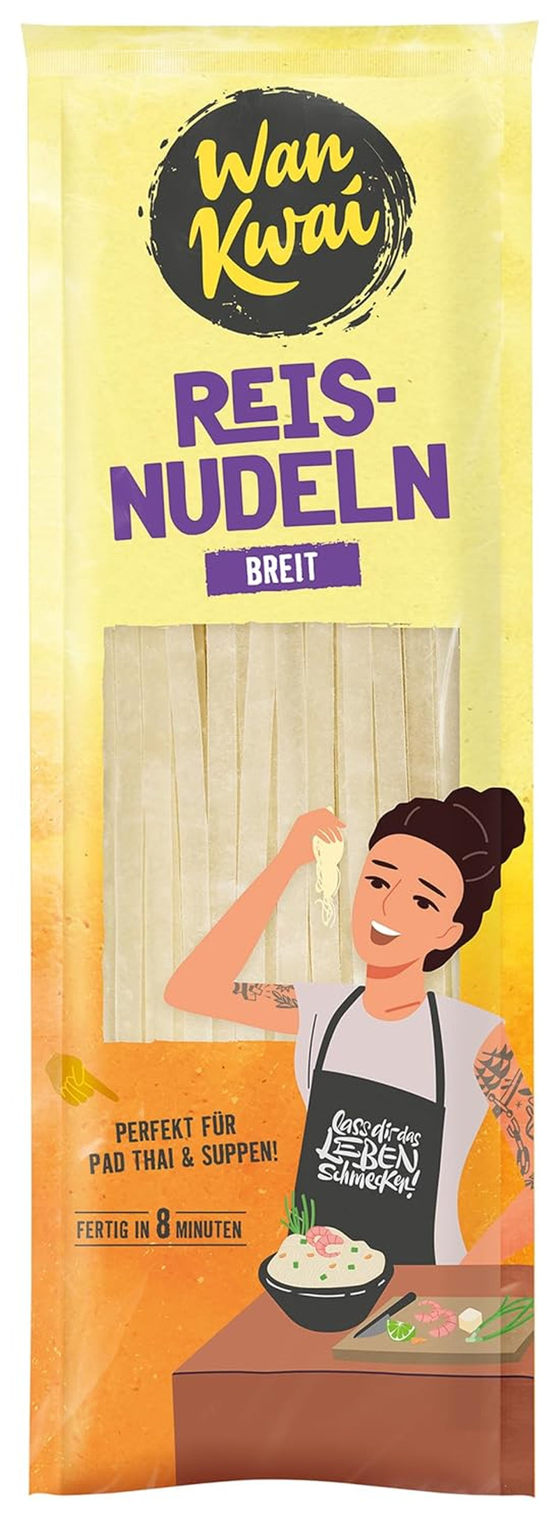 Wan Kwai széles rizstészta 250 g – Autentikus fajta Pad Thaihoz, levesekhez és sok máshoz. Vegán és gluténmentes. 8 perc alatt kész.