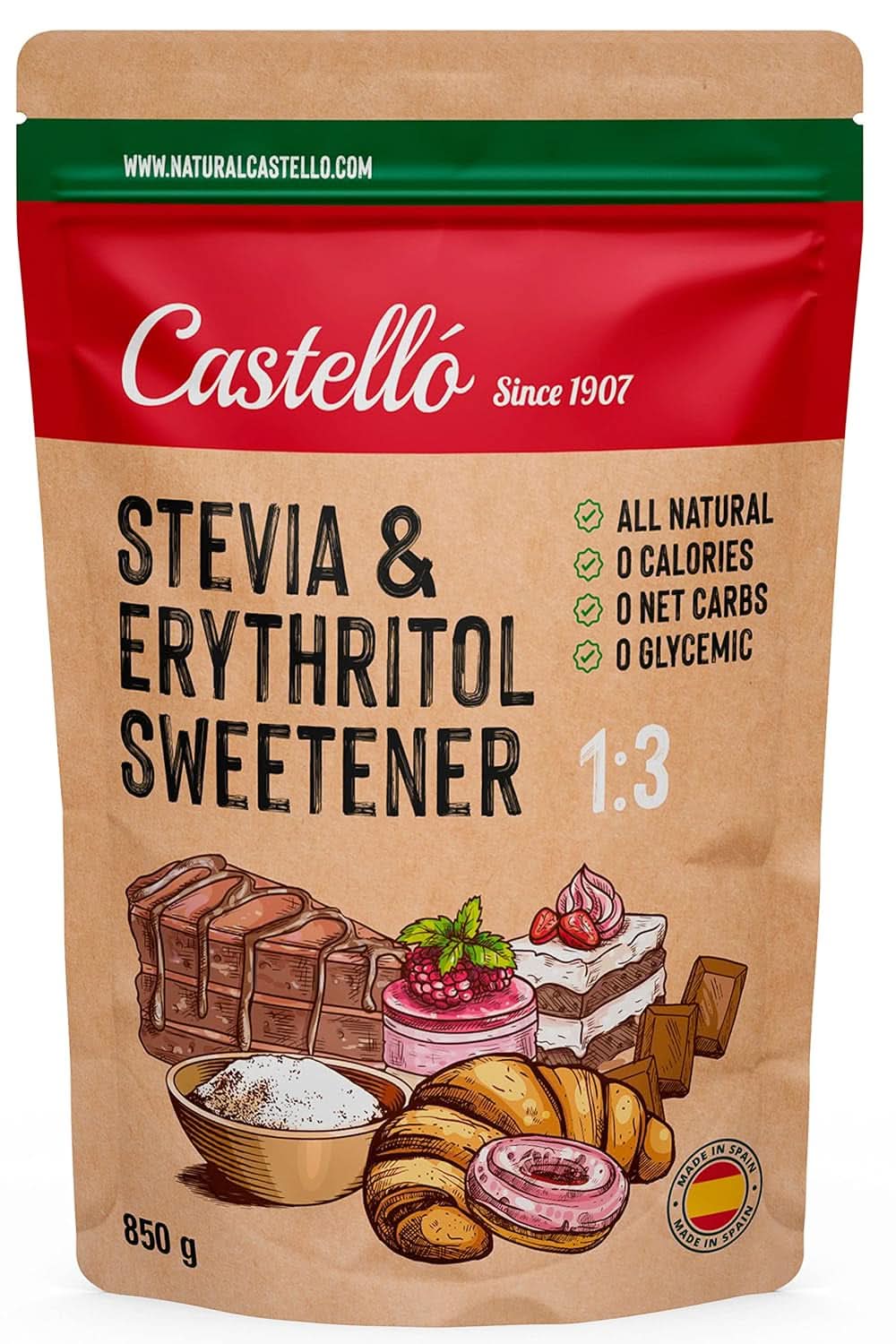 Stevia + Eritrit 1:3 édesítőszer, 1G = 3G cukor, 850 gramm édesítőszer Naty Shop