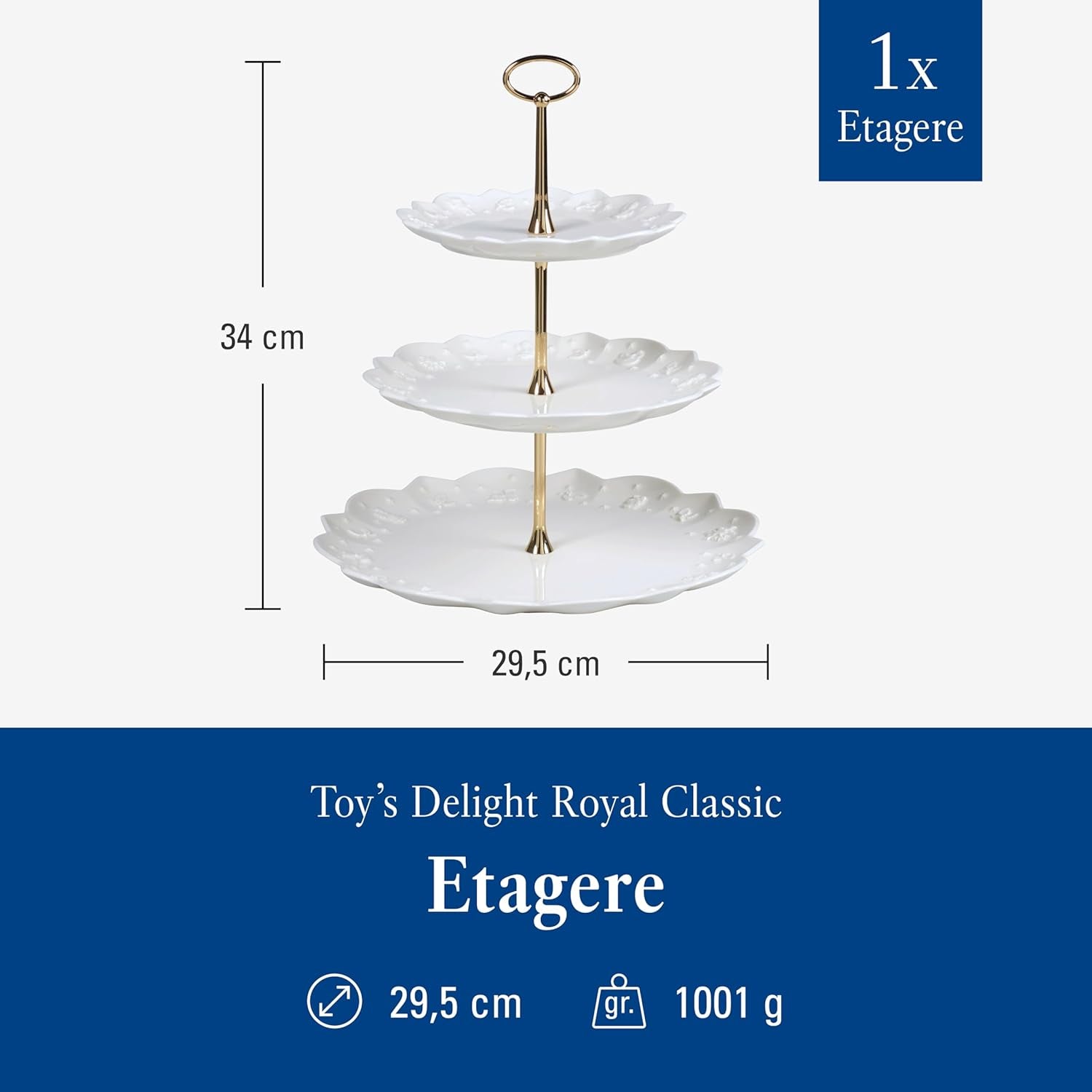 Etajeră Villeroy & Boch Toys Delight Royal Classic, suport decorativ pe niveluri pentru fursecuri, produse de patiserie și bucăți mici de prăjitură, din porțelan premium, alb