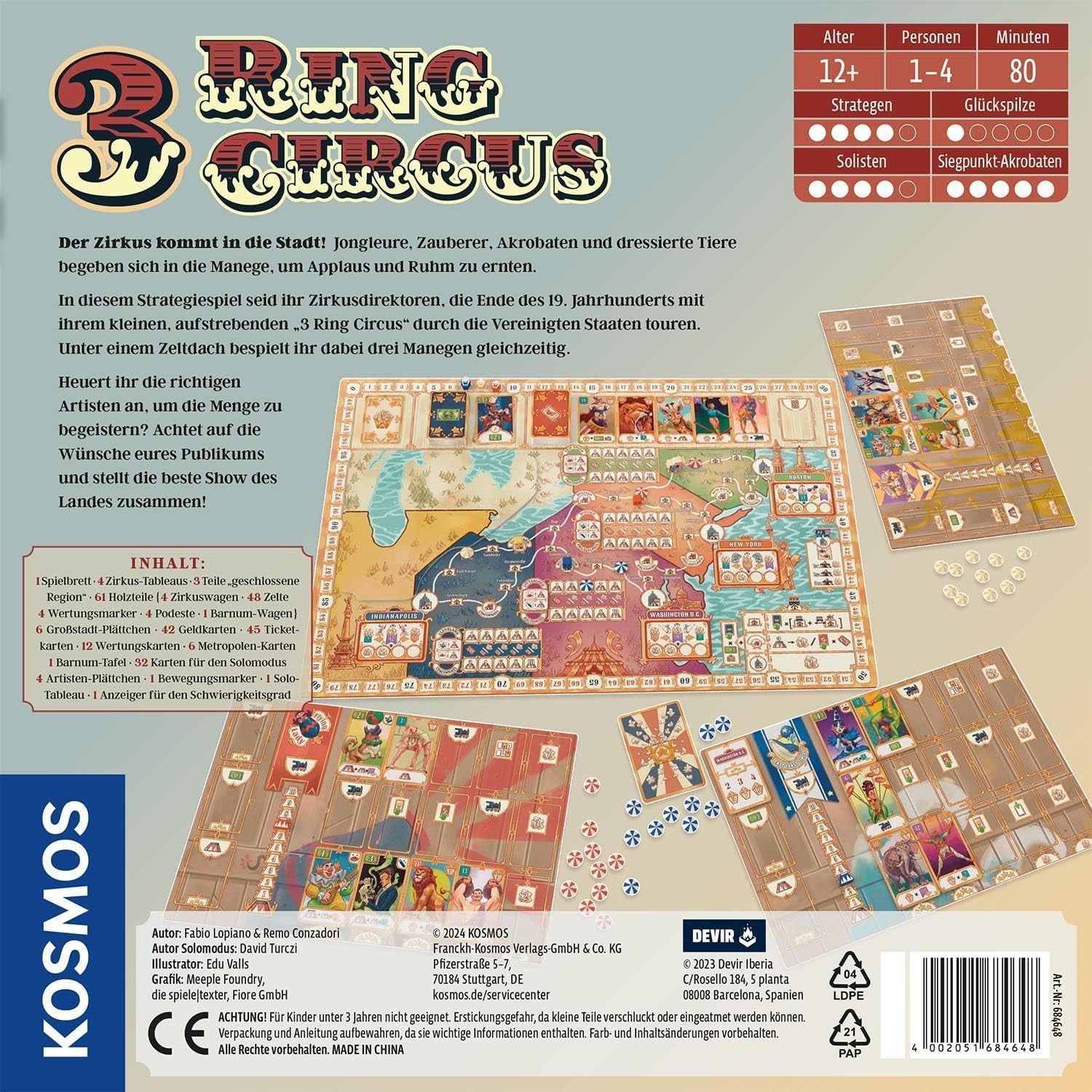 KOSMOS 684648 3-gyűrűs cirkusz felnőtt társasjáték 12+ stratégiai játék 1-4 játékos partijáték USA utazó cirkusz 19. század vége