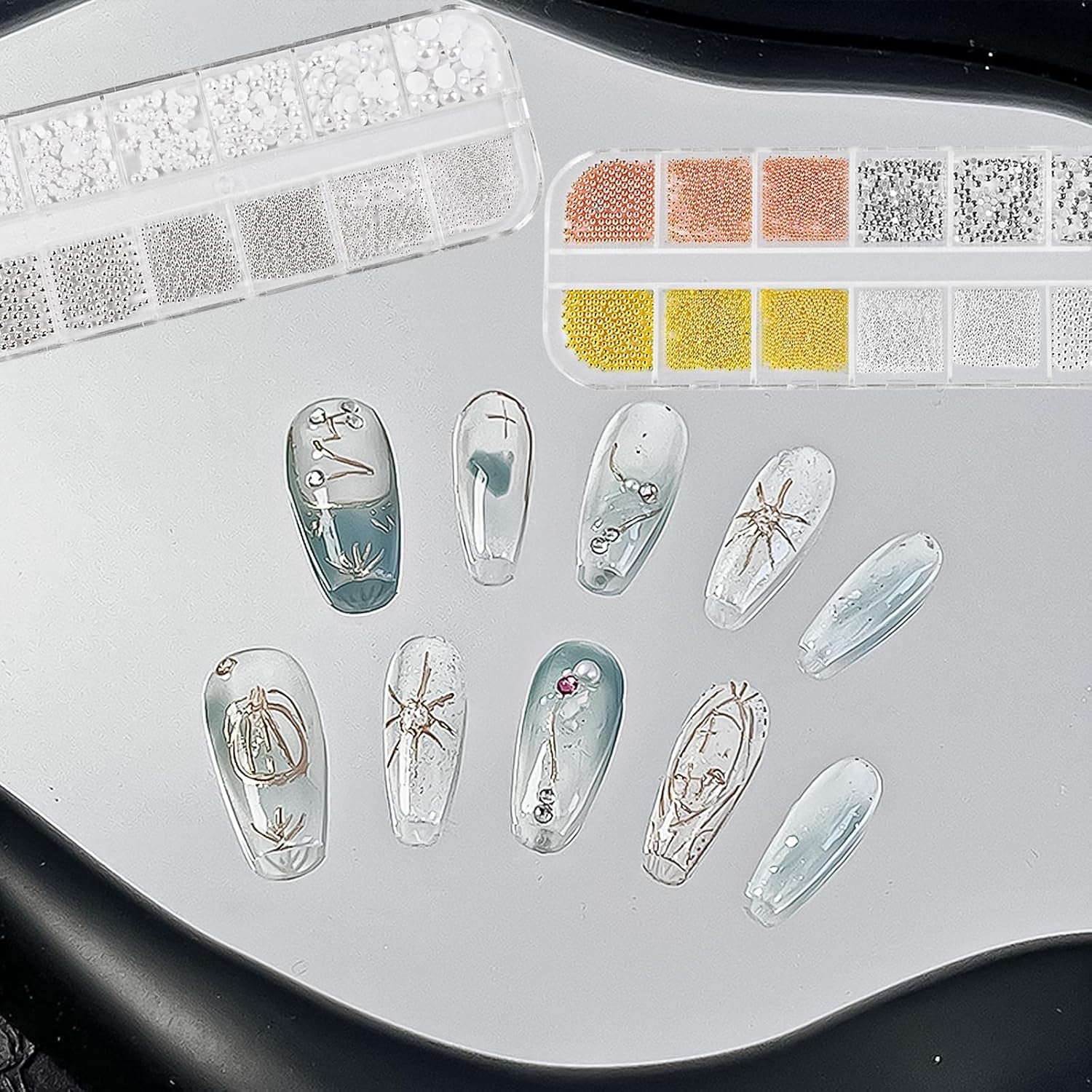 2 Boxen Nail Art Strasssteine, Mit Pinzette Nägel Flatback Perlen Nail Charms Mit Kristallen Nagelzubehör Diamanten Edelstahl-Perlen Für Nagelschmuck