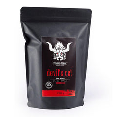 DEVIL'S CUT Espresso prăjit intens 500g, boabe întregi, 40% Arabica - 60% Robusta, proaspăt prăjit manual, aciditate subtilă - aromă puternică, ideal pentru Café Solo, Cortado, Galão, are gust de sărbătoare