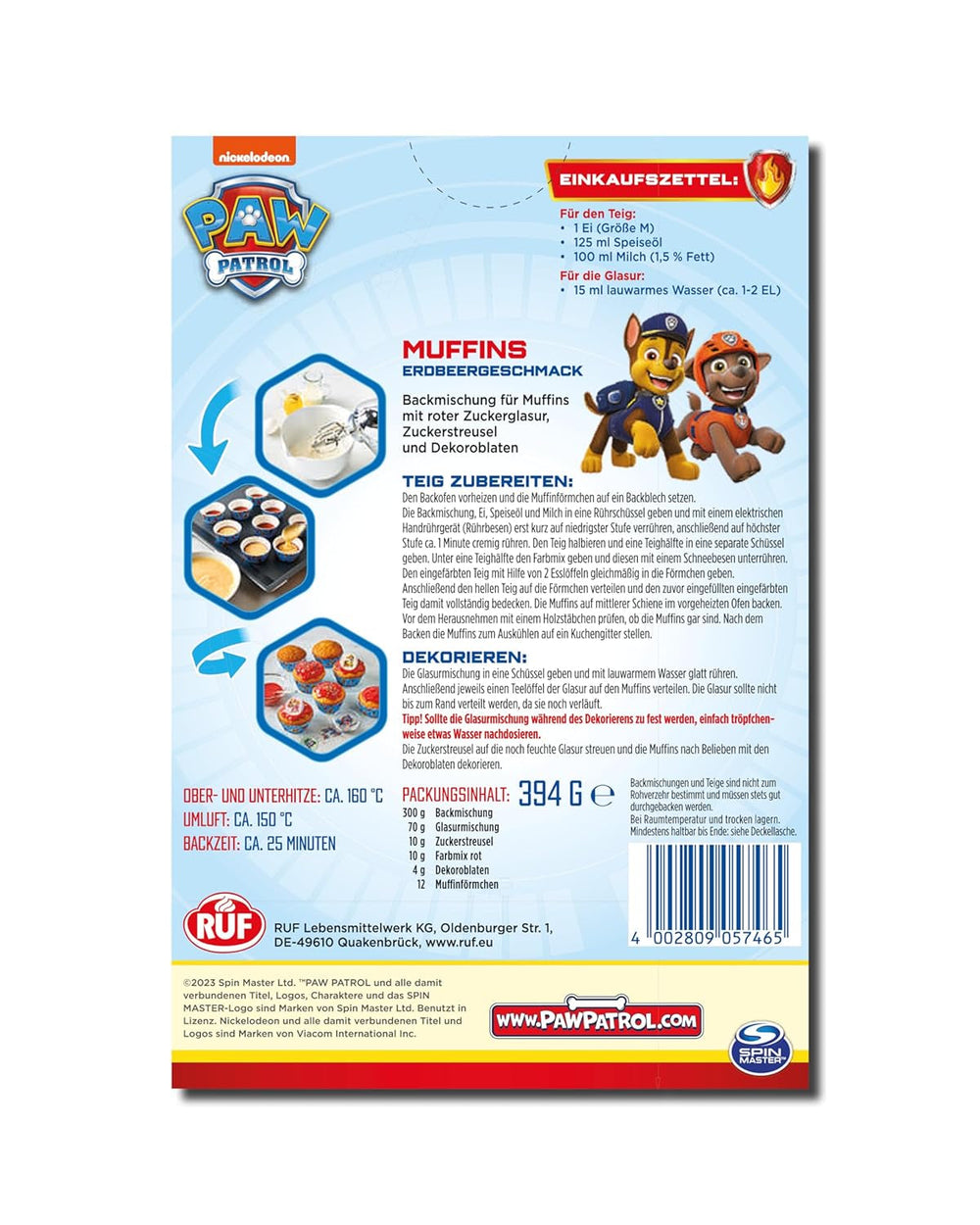 RUF X PAW Patrol Muffin Backmischung Mit Erdbeer-Geschmack, Für 12 Paw Patrol Muffin, Inkl.16 Oblaten-Auflegern Und Pawsome Muffin-Förmchen, 1 X 394G Naty Shop