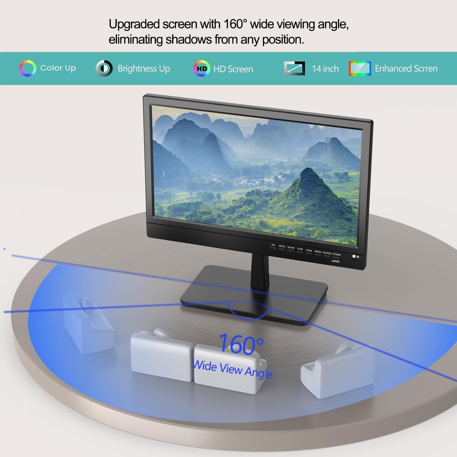 Televizor de 14 inci, ecrane TV mici 1080p, tuner digital integrat T2, intrare HDMI/USB, cablu auto de alimentare CA/CC-12V