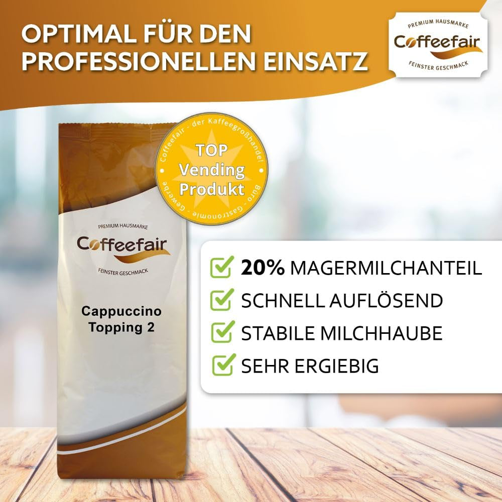 Coffeefair Cappuccino Topping 2 Instant-Milchpulver 10 x 1kg, Milchpulver für Kaffee- & Heißgetränkeautomaten, 20% Magermilchanteil, stabilizátor Milchschaum, ergiebig