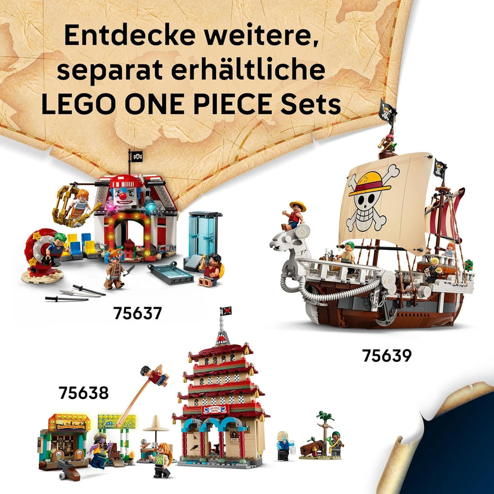 LEGO ONE PIECE Windmühlendorf-Hütte - Spielzeug mit Boot, Jungen Ruffy, Shanks & Makino Minifiguren sowie Zubehör - inkl. Steckbrief - Anime-Geschenk für Jungen, Mädchen & Fans ab 8 Jahren - 75636
