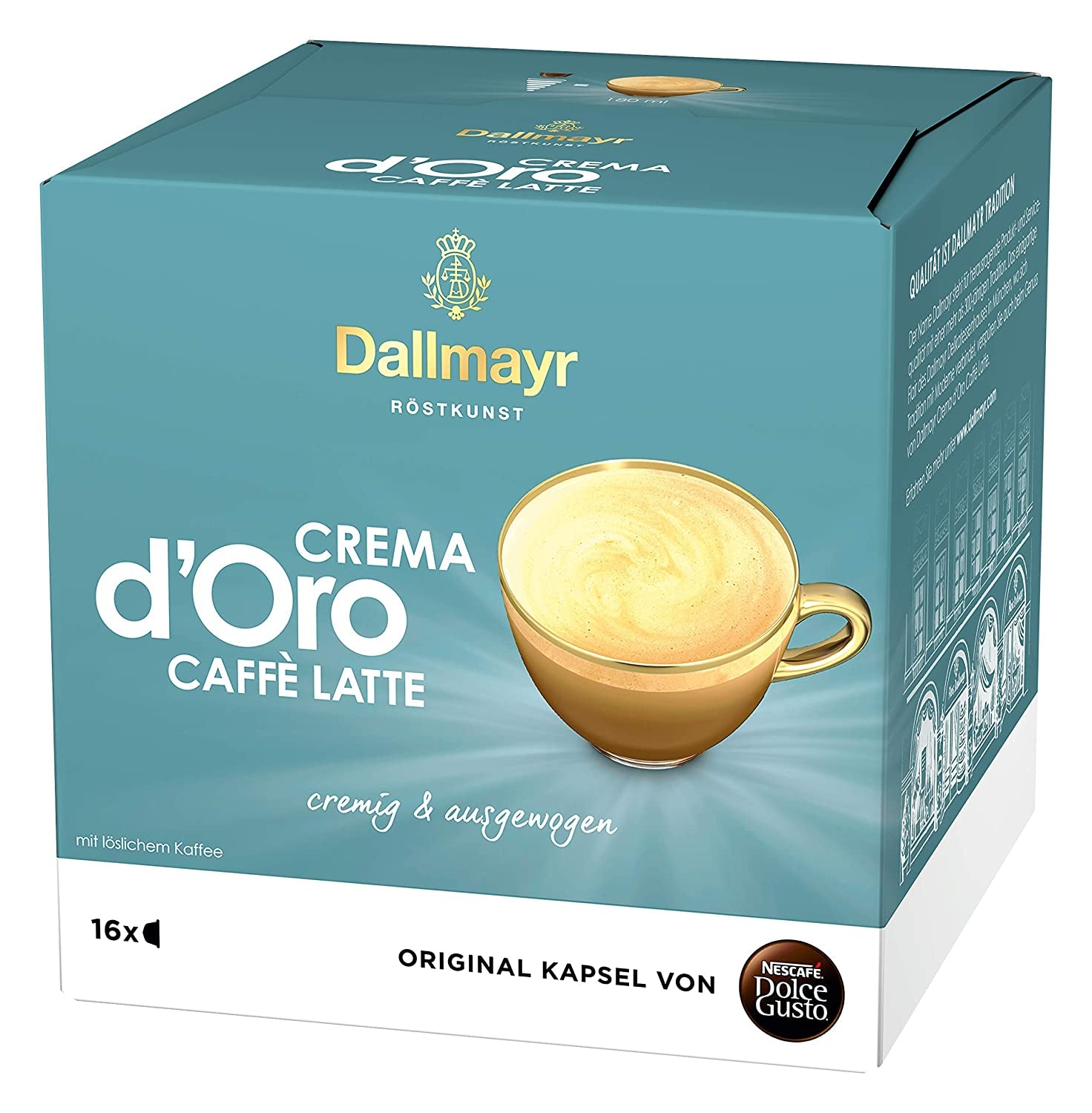 NESCAFÉ Dolce Gusto Dallmayr Prodomo, XXL-Vorratsbox, 90 Kaffeekapseln (3 x 30 Kapseln) & Dallmayr Crema d'Oro Caffè Latte (48 Kaffeekapseln, 48 Getränke, cremig&ausgewogen) 3er Pack (3 x 16 Kapseln)