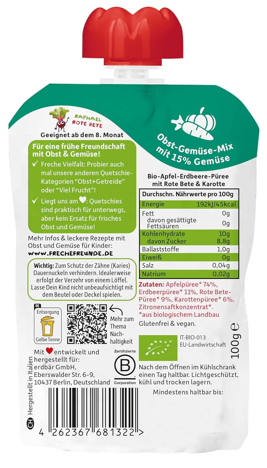 FRECHE FREUNDE Bio kifacsarható gyümölcstasak almával, eperrel, céklával és sárgarépával, gyümölcs- és zöldségpürével kinyomható tasakban 6 hónapos kortól csecsemőknek, vegán, 6 db-os kiszerelés (6 x 100g)