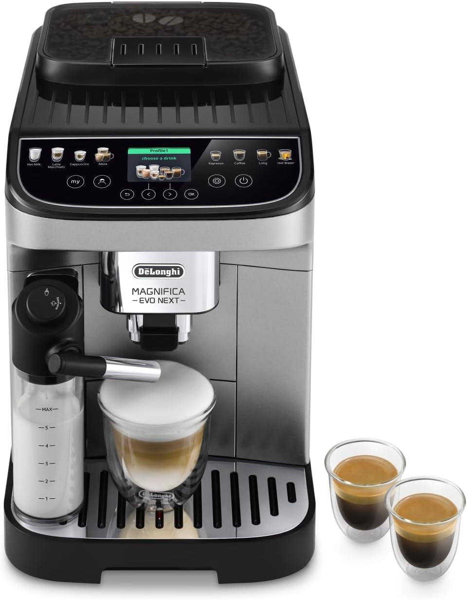 De'Longhi Magnifica Evo Next - Perfetto Espressor complet automat cu spumator de lapte LatteCrema, 13 băuturi cu o singură atingere, aparat de cafea și cappuccino, ecran tactil color, titan (ECAM312.80.TB)