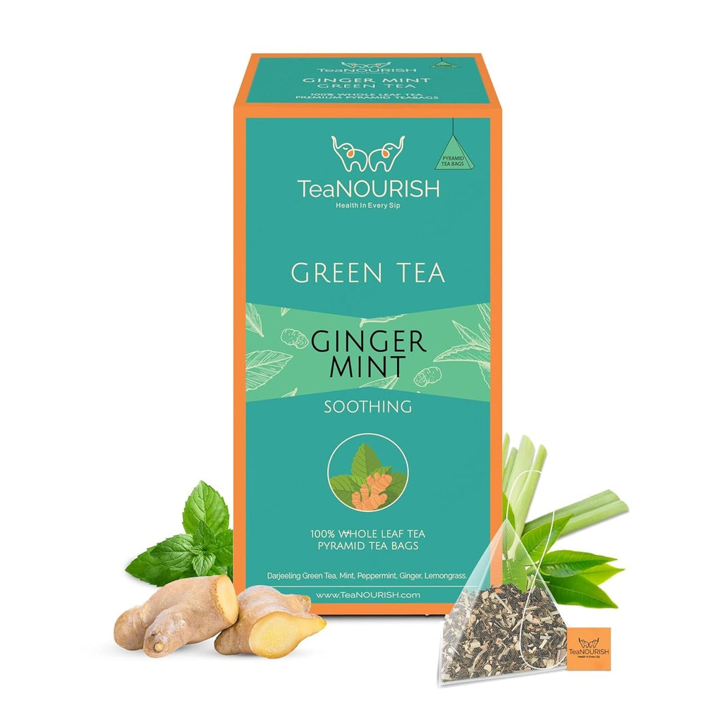 Teanourish Ghimbir Tulsi Ceai verde | 20 pliculețe de ceai piramidale | Darjeeling frunze întregi | Superalimente indiene Ghimbir, Tulsi &amp; Lemn dulce | Ameliorează stresul și favorizează digestia