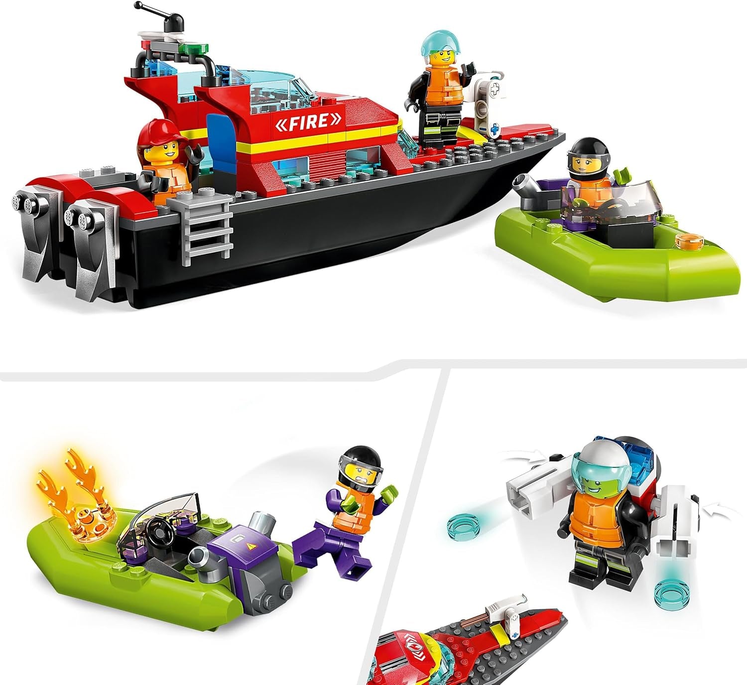 LEGO 60373 City Feuerwehrboot, Spielzeug, das im Wasser wimmt, mit Rennboot, 3 Minifiguren und Jetpack, Feuerwehr-Boot-Spielzeug Geschenkide für Jungen und Mädchen ab 5 Jahren