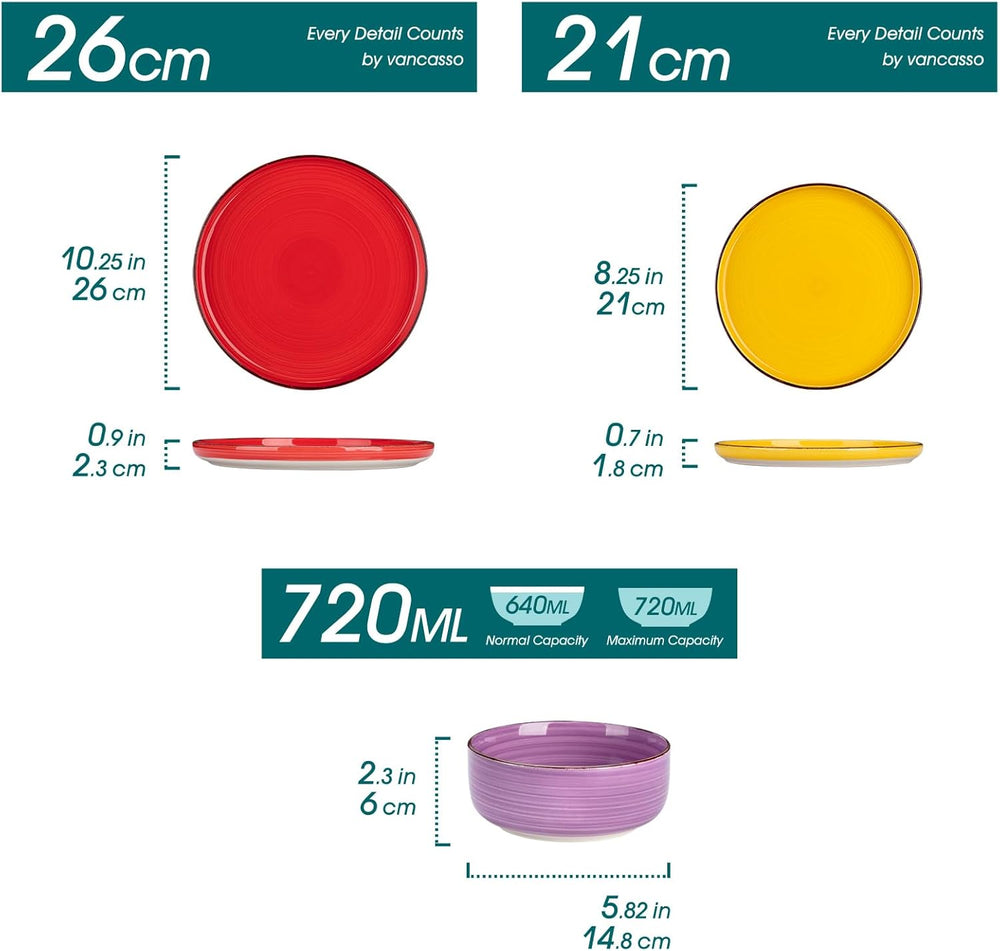 Set de veselă pentru 6 persoane, serviciu de cină din gresie Vancasso Bonita cu 18 piese, set bol și farfurie, serviciu rotund combinat cu 6 farfurii de cină, farfurii de salată și boluri fiecare