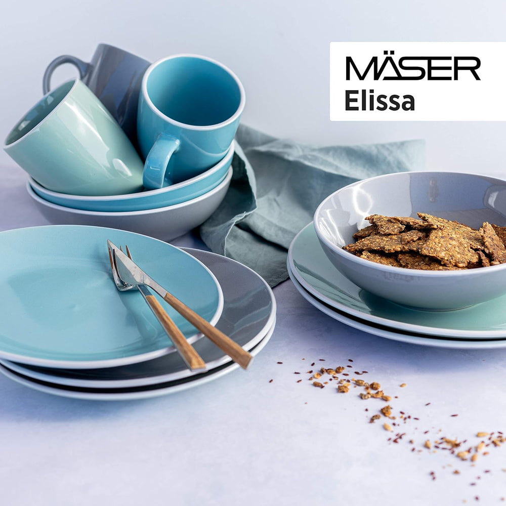 MÄSER 931844 Set de veselă modernă din seria Elissa pentru 6 persoane, albastru cu margine albă, set combinat cu 24 de piese, ceramică
