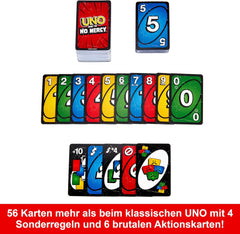Mattel UNO Show 'em No Mercy – 56 extra kártya, kihívást jelentő akciókártyák és brutális játékszabályok a legkegyetlenebb verzióhoz, halmozási szabály és kézcsere, 7 év feletti korosztály, HWV18