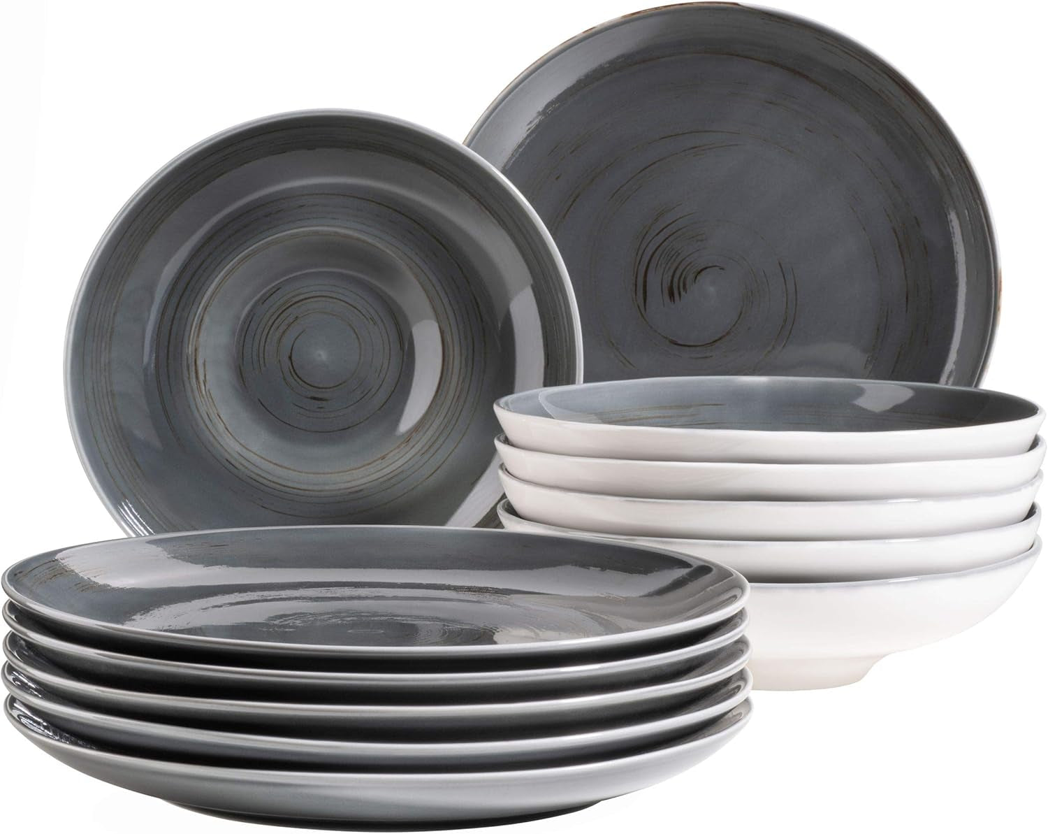 MÄSER 931605 Serie Derby Premium Tafelservice Für 6 Personen in Gastronomie-Qualität, 12-Teiliges Modernes Teller Set Mit Handpinseleffekt, Weiß, Durable Porzellan Seturi vesela masa Naty Shop Dunkelgrau
