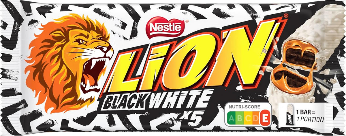 LION Black & White csokoládé, intenzív ízű snack, ropogós csokoládé és ropogós chips, brownie töltelék, egyedülálló ínycsiklandó élmény, 1 csomag (5 x 30g)