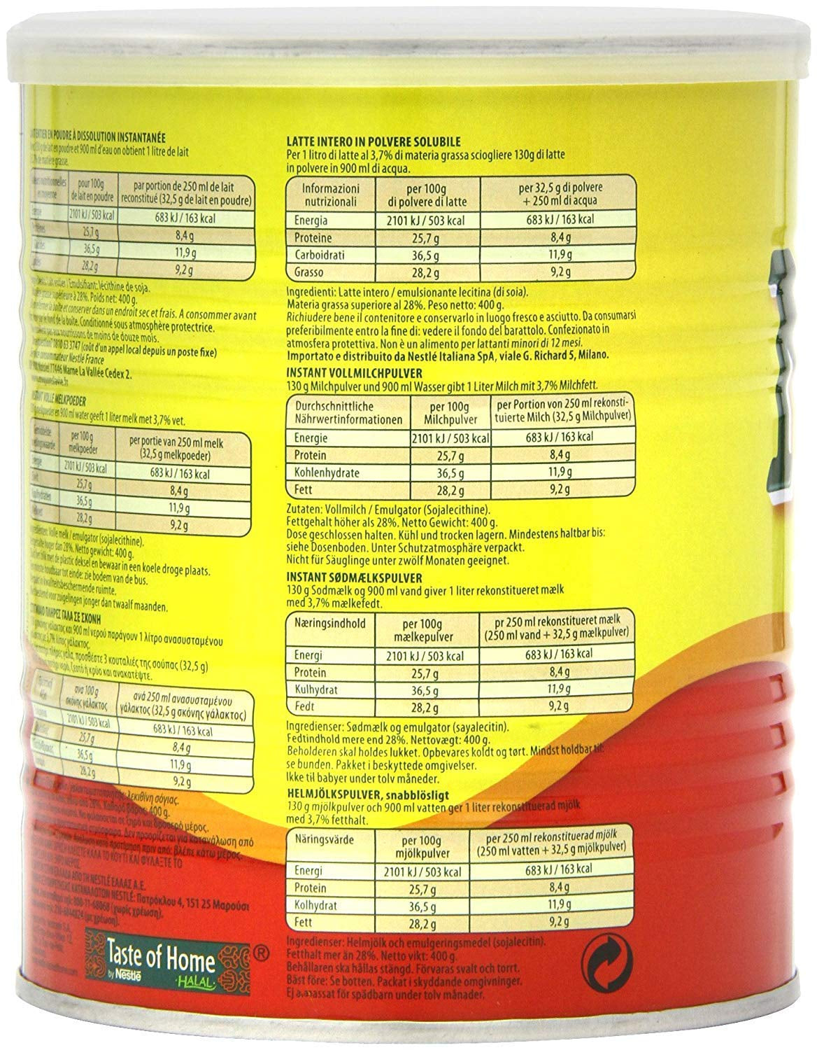 Nestle Nido Vollmilchpulver – Instant Creme für Kaffee- und Teagetränke mit Vitaminen & Mineralstoffen & ohne Konservierungsmitteln oder Farben - 400g Dose