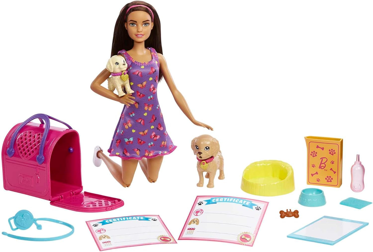 Adopție Cățeluș Barbie - Păpușă și 2 căței, cu certificate de adopție, efect de schimbare a culorii, cușcă și accesorii, pentru copii cu vârsta de 3 ani și peste, 86 HKD