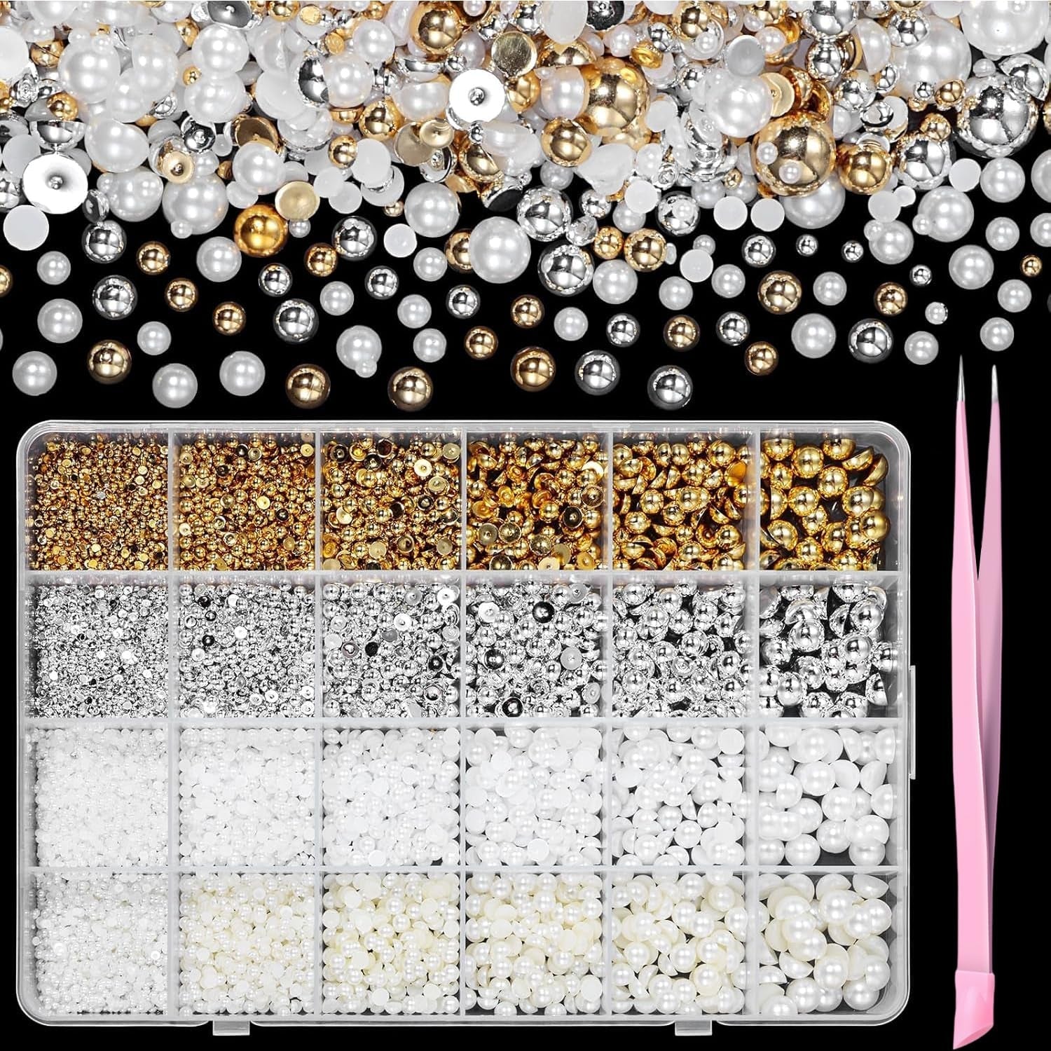 GZMAYUEN 920Pcs Gold Silber Flatback Perlen Für Nägel, Halbrunde Weiße Beige Nail Perlen, Kleine Halbrunde Flatback Perlen Für DIY Nail Art Decor