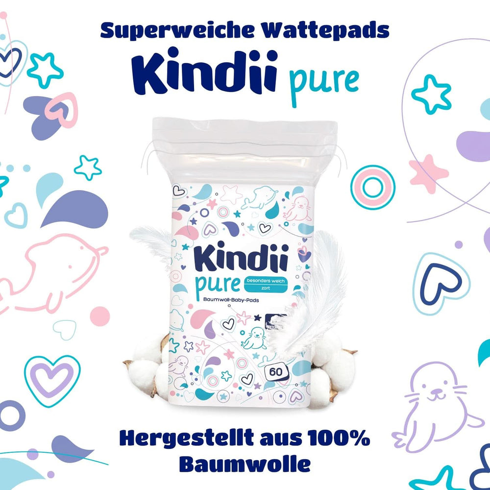 Kindii Pure Bababetétek - 100% pamut - Nagy, négyzet alakú betétek az érzékeny bőr számára - Helyettesíti a nedves törlőkendőket - Puha - Puha szélű Baby Wet Wipes Naty Shop