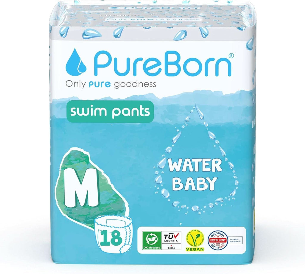 Scutece de inot Pureborn, pantaloni de baie pentru bebelusi pentru plaja si piscina, ultra moi, elastice Mama si Copilul Naty Shop 18 buc Marimea M (6-11Kg)