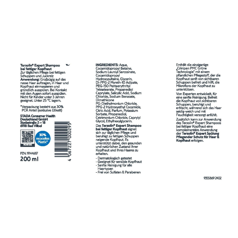 Terzolin Expert sampon zsíros fejbőrre és hajra, korpásodás ellen, 200 ml zuhany és fürdő Terzolin