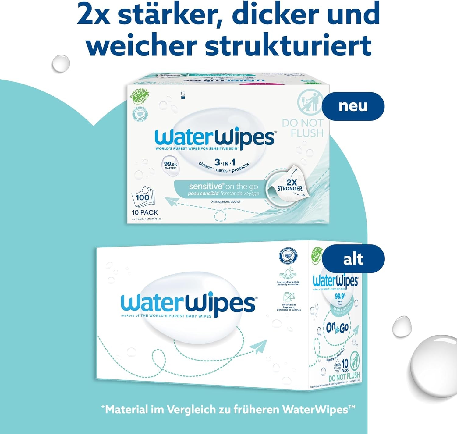 WaterWipes Sensitive+ On The Go nedves törlőkendők, 100 törlőkendő (10 csomag), 3 az 1-ben tisztít, ápol, véd, 99,9% víz, illatmentes törlőkendő
