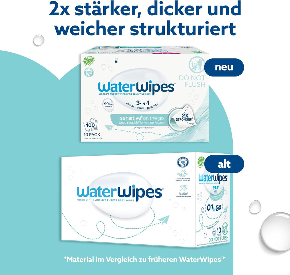 WaterWipes Sensitive+ On The Go nedves törlőkendők, 100 törlőkendő (10 csomag), 3 az 1-ben tisztít, ápol, véd, 99,9% víz, illatmentes törlőkendő