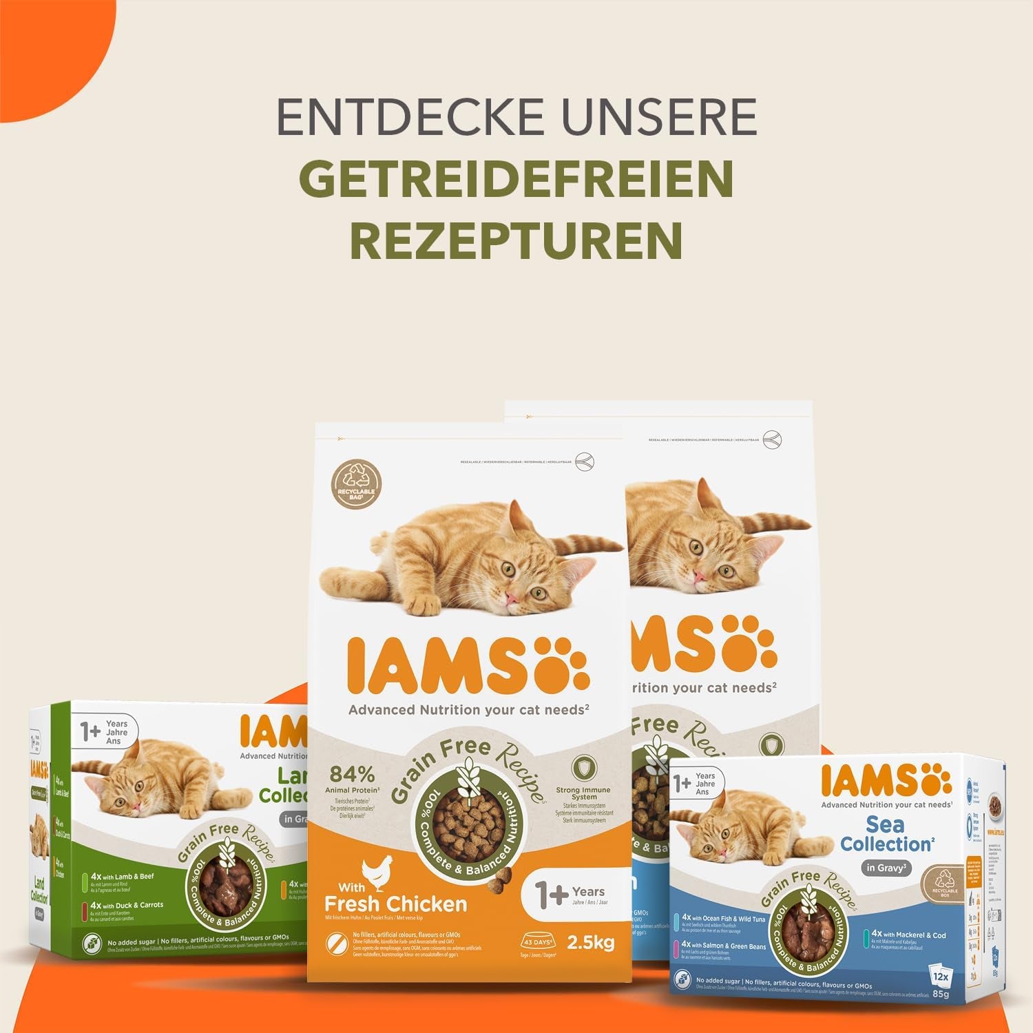 IAMS Delights Land Collection Hrană umedă pentru pisici fără cereale - Pachet multiplu cu varietăți de carne în sos, hrană umedă fără cereale pentru pisici de la 1 an, 12 x 85 g